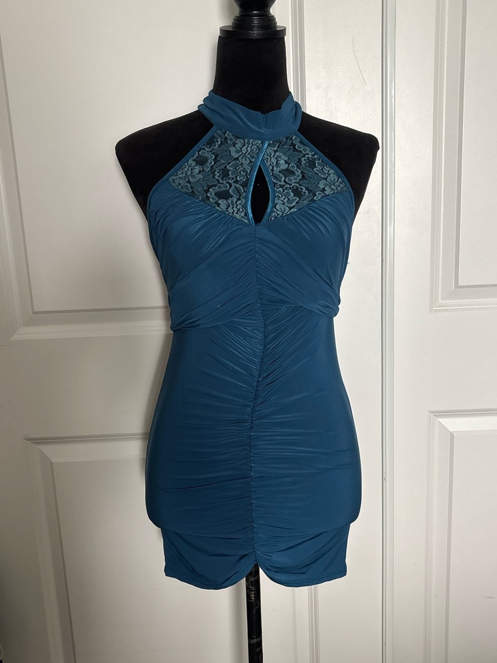 Polaris Teal Lace Halter Ruched Bodycon Dress